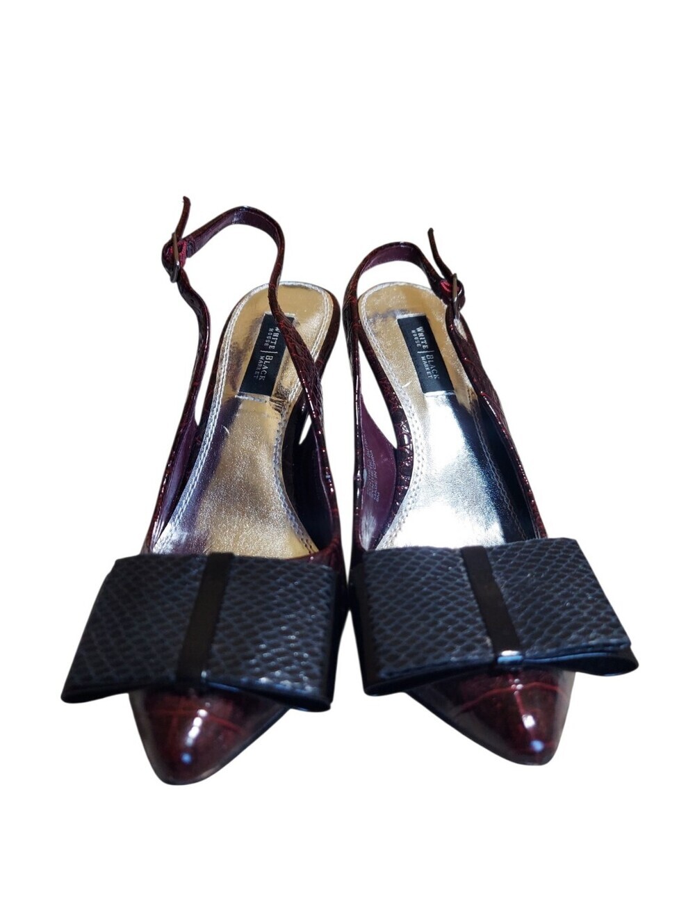 WHBM Burgundy Croc Embossed Slingback Heels Bow Pointed Toe Pumps 6M